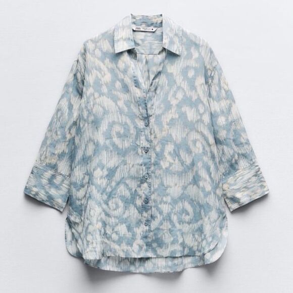 Zara 100% Ramie Oversize Button Up 3/4 Sleeve Shirt Size XS NWT - Picture 2 of 7